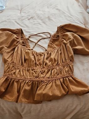 Lucky Brand Rust-Tan Smocked Peplum Crop Top